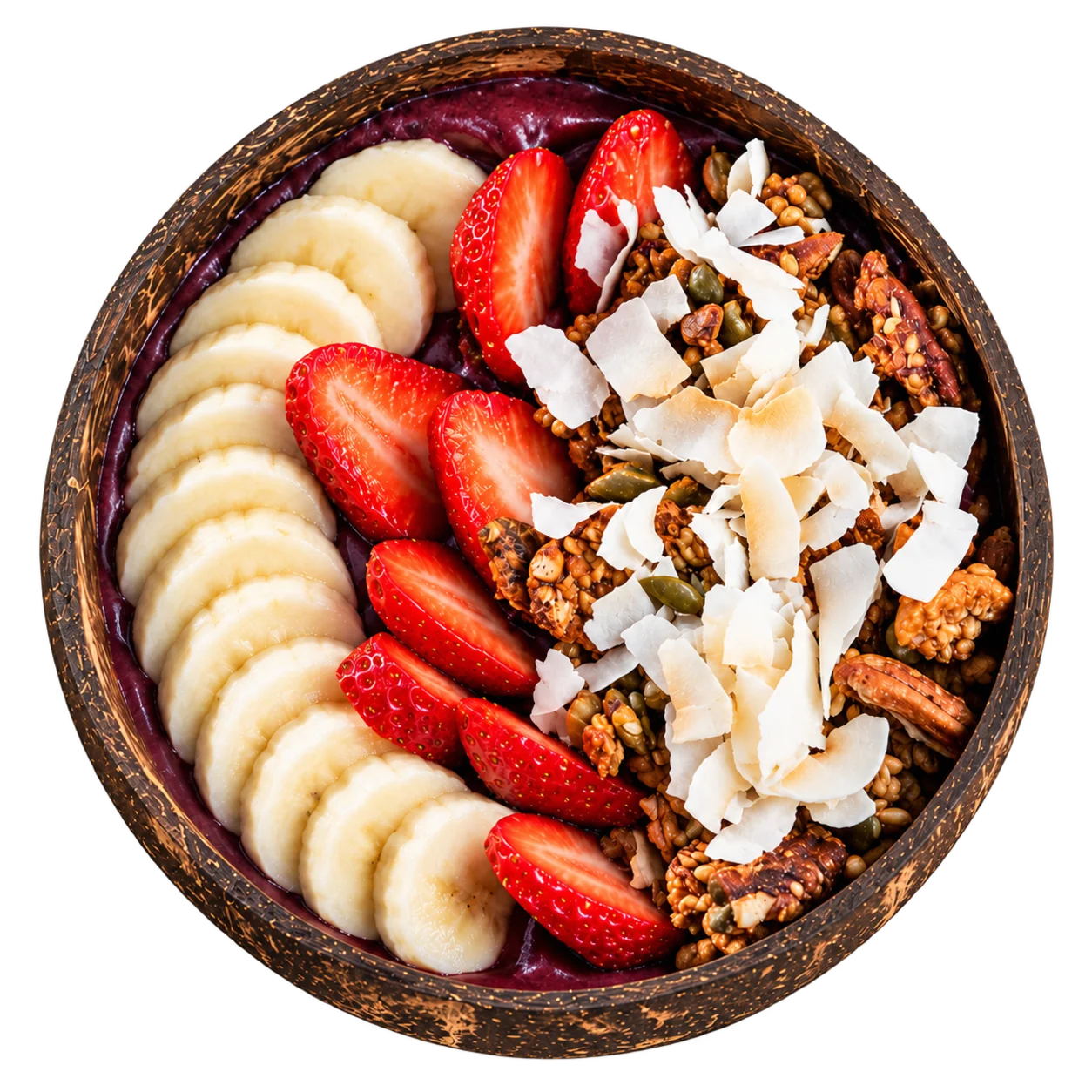 The Original O açai bowl with banana, strawberries, granola and coconut, seen from above