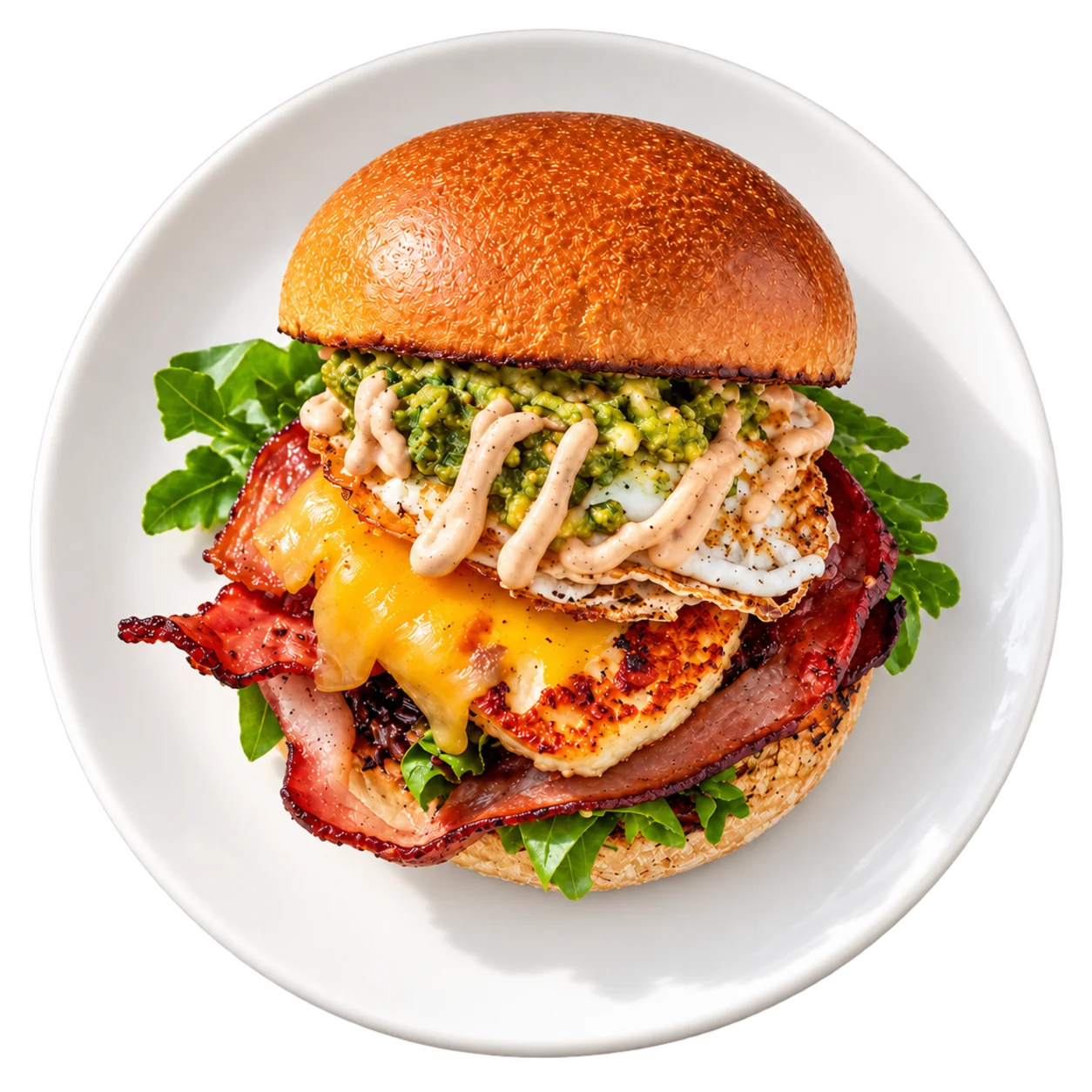 Breakfast burger with bacon, egg, halloumi and cheese, seen from above