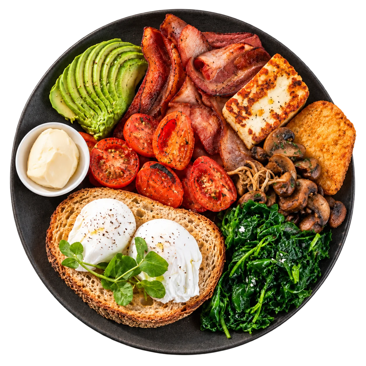 Mighty Breakfast plate with bacon, poached eggs, avocado, halloumi and mushrooms, seen from above